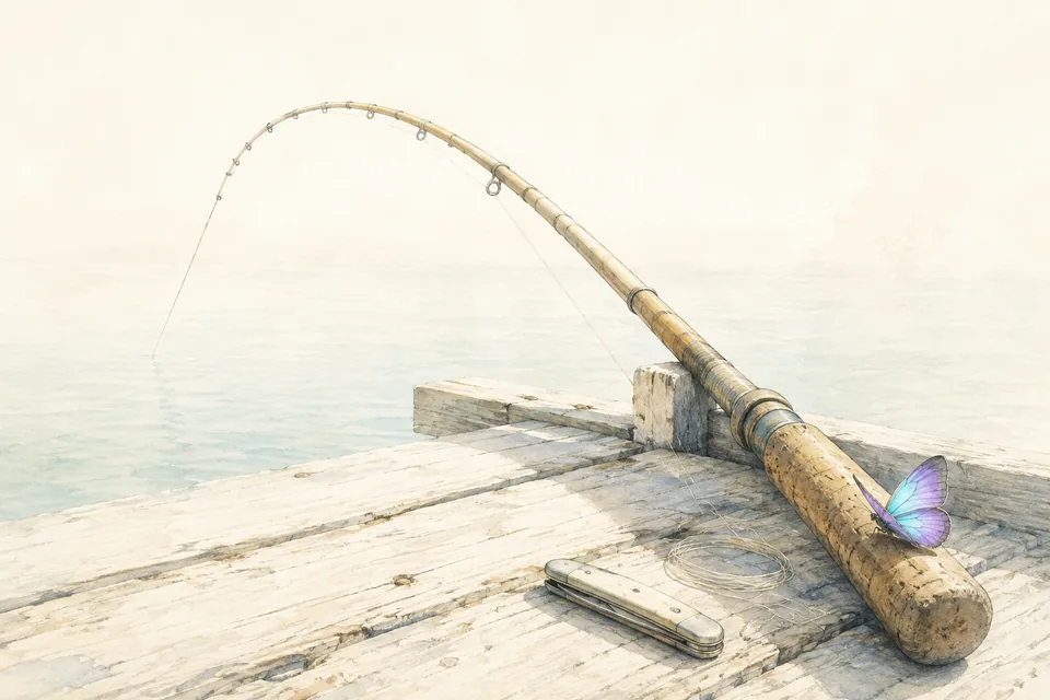 Une canne à pêche fortement arquée au bout d'un ponton de bois clair, ligne tendue dans l'eau, un couteau refermé posé à côté sur les planches.