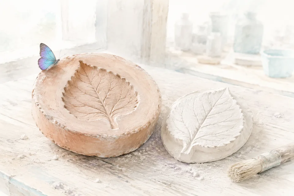 Un moule en terre cuite creusé d'une forme de feuille et, posée à côté, la même feuille en relief dans du plâtre clair.
