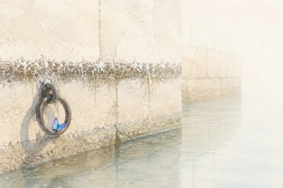 Un mur de quai en pierre claire portant une trace d'humidité horizontale bien au-dessus du niveau de l'eau calme.