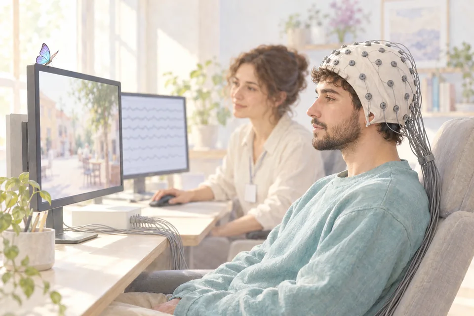 Dans un laboratoire clair, un participant coiffé d'un bonnet à électrodes regarde des photos sur un écran, tandis qu'une chercheuse suit des courbes sur un autre écran.