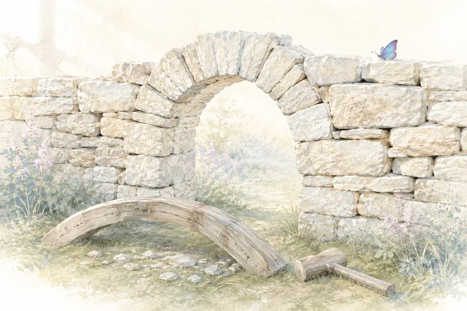 Une petite arche en pierres sèches restée debout, la forme de bois qui l'a soutenue pendant sa construction posée à plat sur le sol à côté.