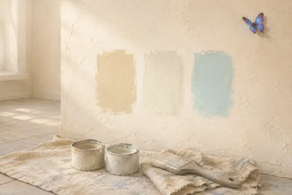 Trois carrés de peinture brossés côte à côte sur un mur crème, avec un pinceau et deux petits pots posés sur une toile au sol.