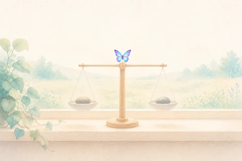 Une balance en bois clair en équilibre, avec un galet lisse sur chaque plateau, posée sur un rebord de fenêtre