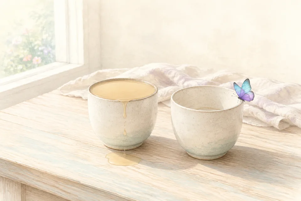 Une tasse qui déborde et une tasse vide, côte à côte sur une table en bois clair