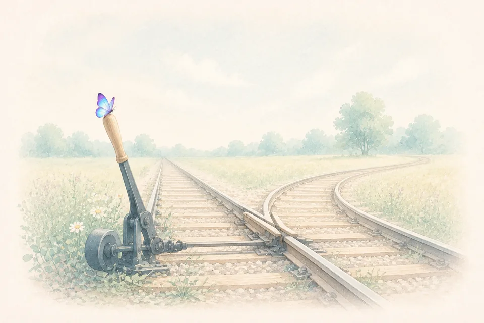 Un levier d’aiguillage au bord d’une voie ferrée en herbe, là où les rails se séparent en deux directions