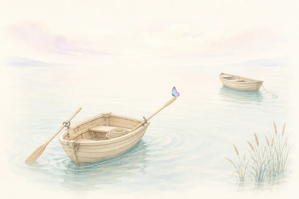 Deux petites barques de bois sur une eau calme, l’une équipée de ses rames, l’autre à la dérive
