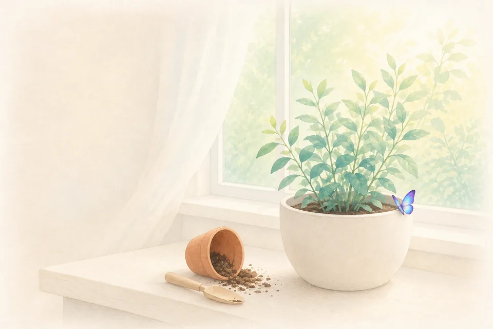 Une jeune plante rempotée dans un pot plus large, l'ancien pot posé à côté sur un rebord ensoleillé