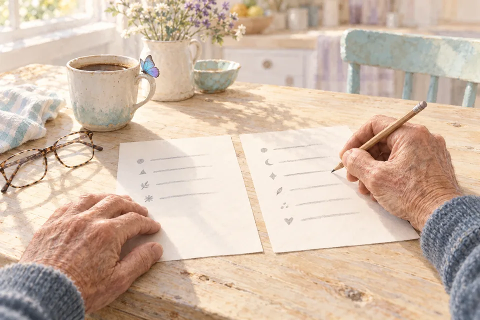 À une table de cuisine, les mains d'un homme âgé écrivent 2 listes sur 2 feuilles séparées, chaque ligne précédée d'un petit repère.