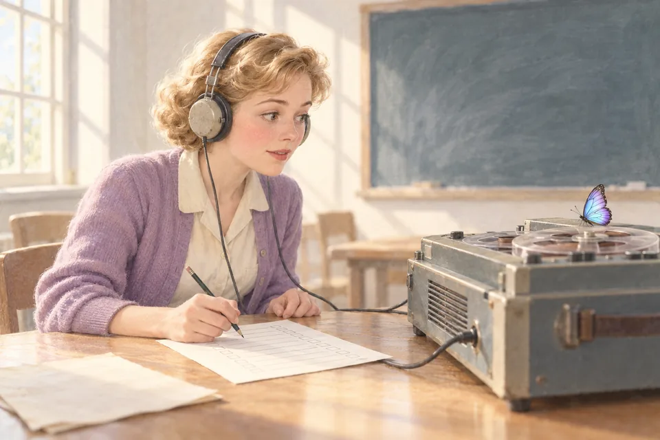 Dans un petit local d'université des années 1950, une étudiante encore rougissante écoute au casque une discussion enregistrée et hoche la tête avec intérêt, une fiche d'évaluation devant elle.