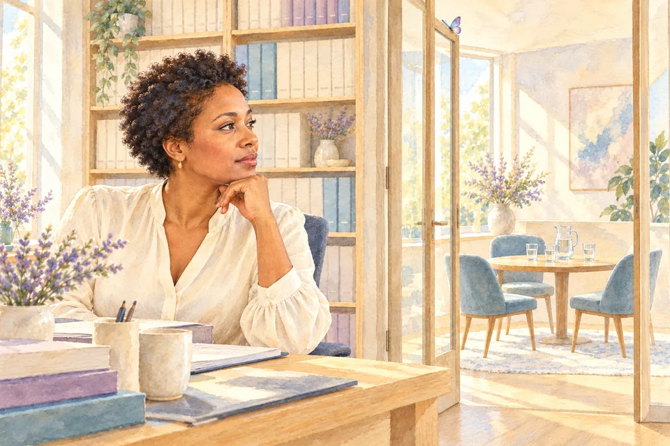 Une juriste d'une quarantaine d'années, assise à son bureau entre des rayonnages de classeurs, regarde par une porte vitrée une petite salle de médiation avec une table ronde et 3 chaises.