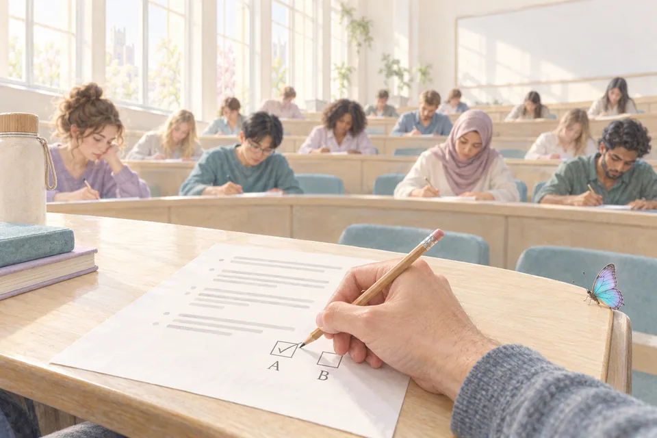 Dans un amphithéâtre, des étudiants remplissent un questionnaire d'une page ; au premier plan, une main coche la case A plutôt que la case B.