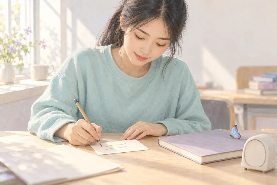 Dans une petite salle de test, une étudiante écrit un plan de 2 lignes sur une fiche, le visage détendu, à côté d'un livret de lecture qui l'attend.