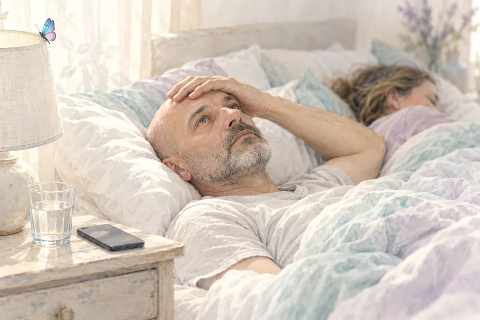 Un samedi matin, un homme d'une cinquantaine d'années est couché les yeux grands ouverts, fixant le plafond, tandis que sa compagne dort à côté de lui.