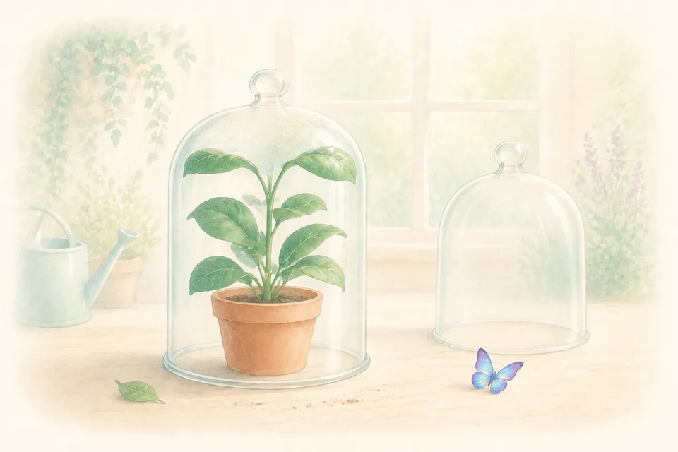 Une cloche de verre posée sur une jeune plante dont les feuilles touchent déjà la paroi