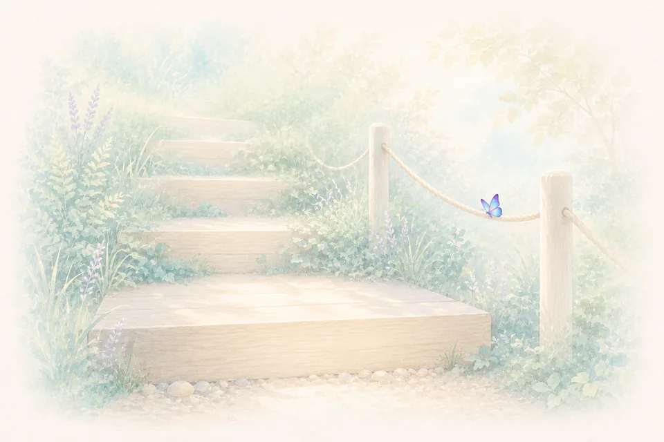 La première marche d’un escalier de jardin en bois, éclairée par le soleil, les suivantes noyées dans la verdure