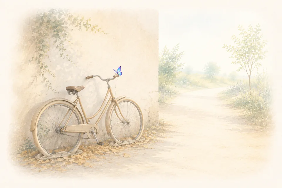 Un vélo appuyé contre un mur clair, pneus à plat et feuilles accumulées, tandis qu’un chemin s’éloigne au soleil