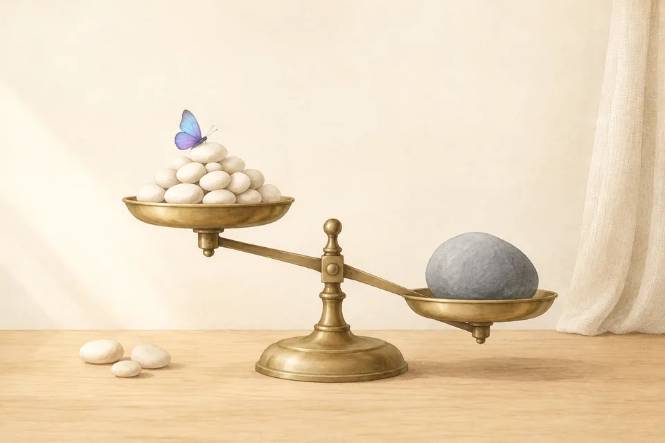 Une balance à 2 plateaux où de nombreux petits galets pèsent moins lourd qu'une seule grosse pierre grise