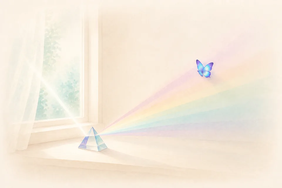 Un prisme de verre posé sur un rebord de fenêtre, décomposant la lumière du matin en un large éventail pastel