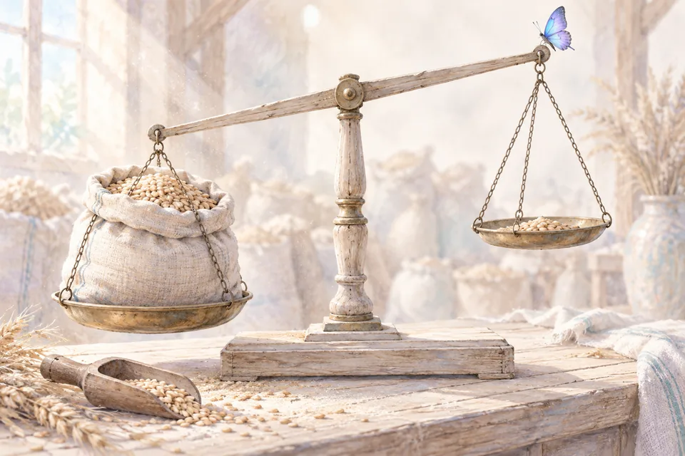 Une grande balance à plateaux en bois clair et laiton mat, un sac de grain entier posé sur un plateau, une poignée de grain sur l'autre.