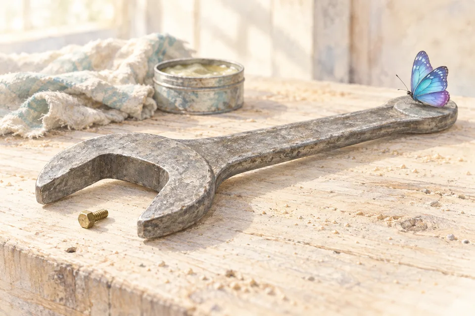 Une grande clé de mécanicien en métal mat posée à côté d'un tout petit boulon, sur un établi de bois clair.