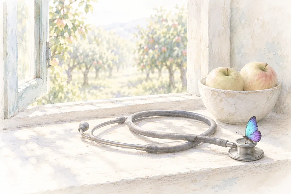 Un stéthoscope posé sur le rebord d'une fenêtre ouverte, et dehors, flou, un verger entier en bonne santé.