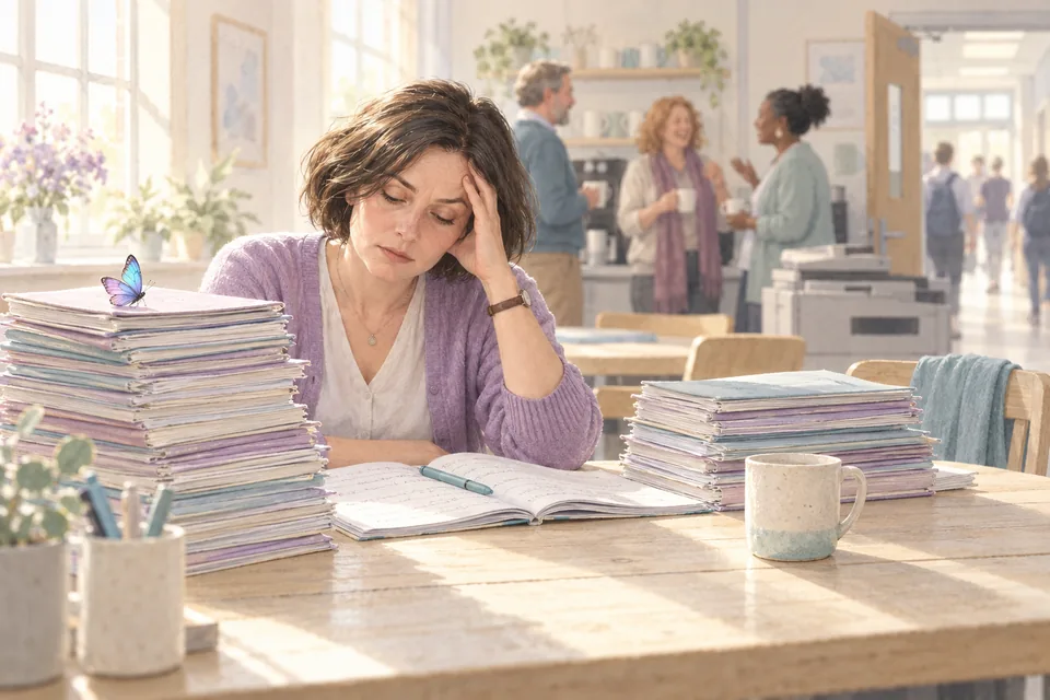 Dans une salle des professeurs animée, une enseignante épuisée se tient la tempe derrière de hautes piles de copies, pendant que des collègues discutent fort derrière elle.