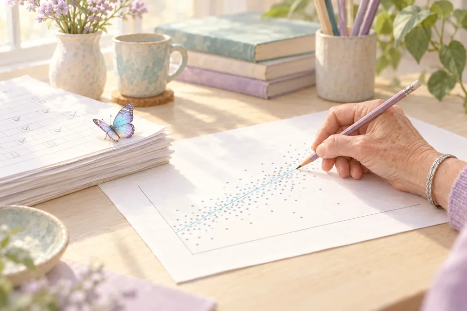 Gros plan sur un graphique imprimé : un nuage de points monte en diagonale, mais beaucoup de points s'en écartent ; la main d'une chercheuse en suit la pente avec un crayon.