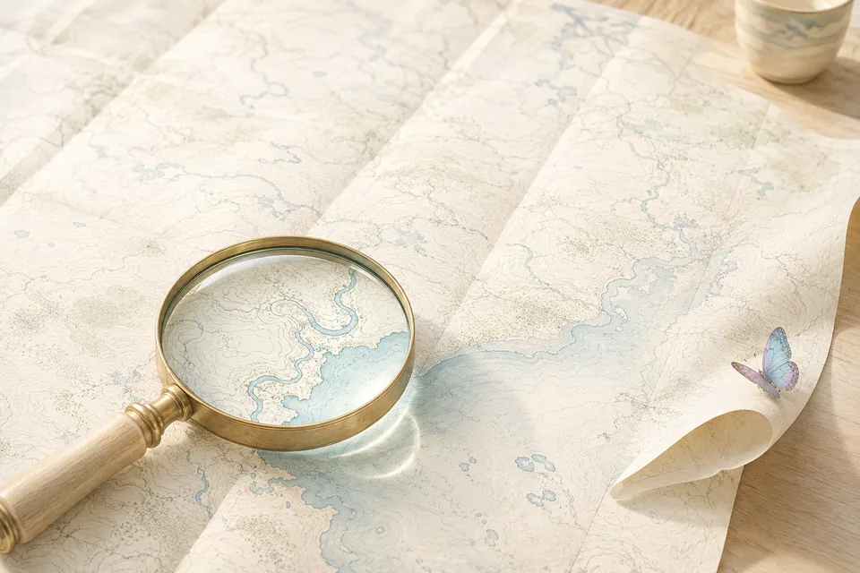 Une loupe posée sur une carte sans nom de lieu, n'agrandissant qu'un tout petit cercle du territoire