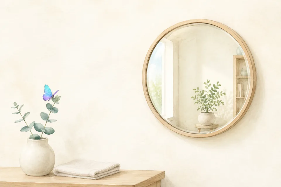 Un petit miroir rond accroché au mur, révélant un coin de la pièce invisible autrement