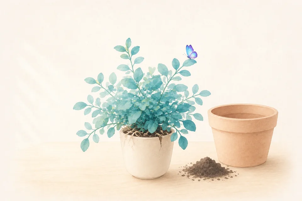 Une jeune plante vigoureuse dans un pot devenu trop étroit, ses racines affleurant la terre