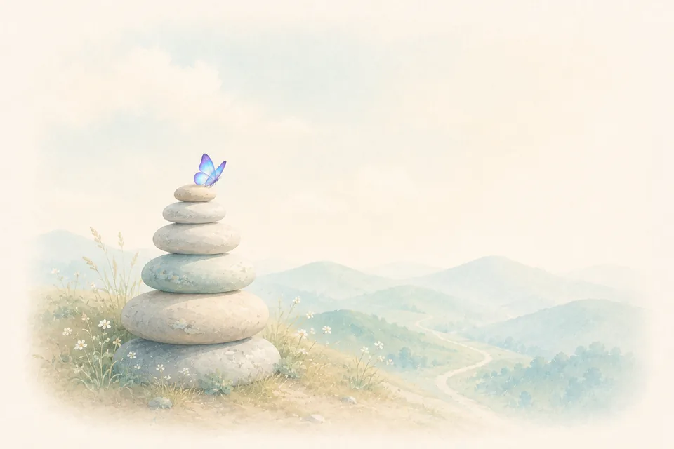 Un petit cairn de pierres empilées sur une crête, marquant le chemin pour ceux qui suivront