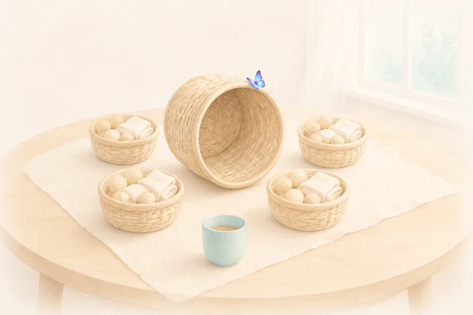 Une grande corbeille de bois vidée dans 4 petits paniers disposés autour d'une table claire