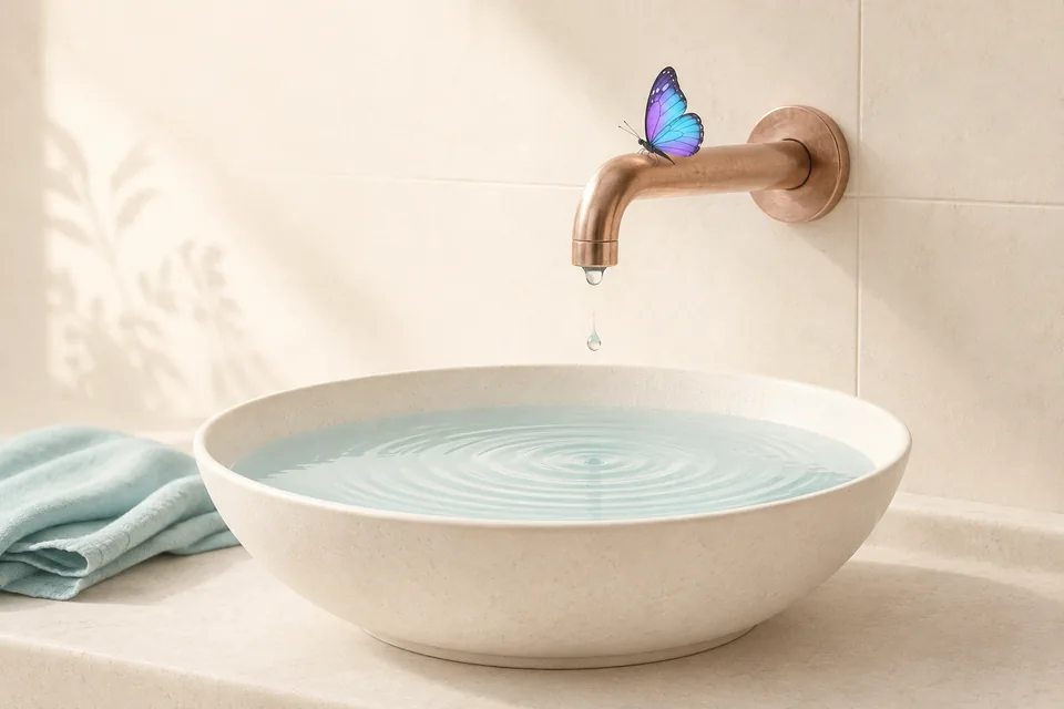 Un bol de céramique qui se remplit goutte à goutte sous un robinet de cuivre presque fermé