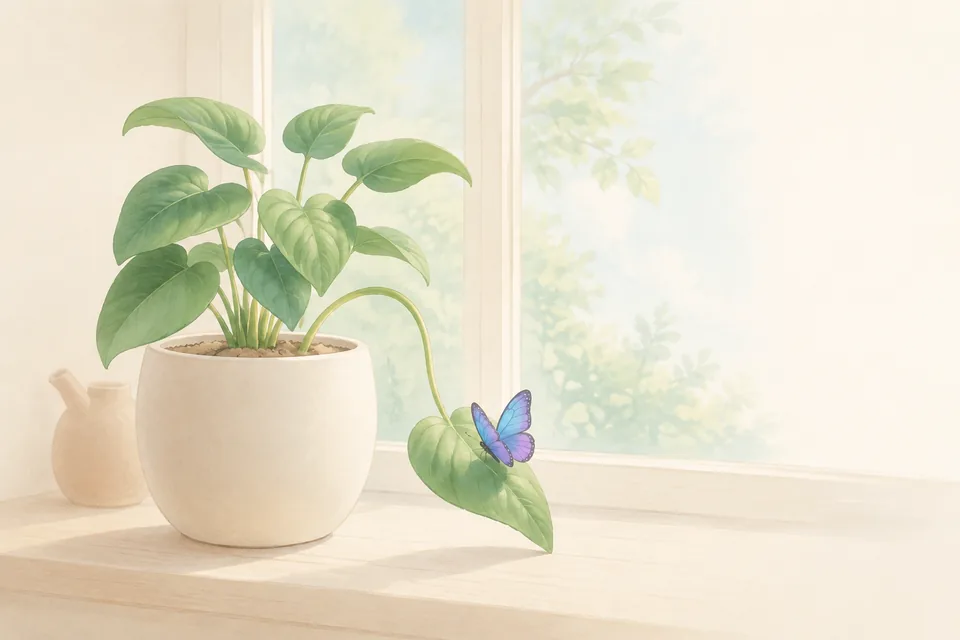 Une plante en pot dont une seule feuille s'incline doucement, sur un rebord de fenêtre clair