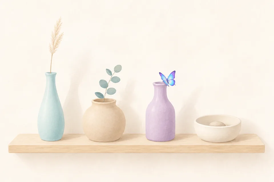 Quatre vases de céramique de formes différentes alignés sur une étagère de bois clair