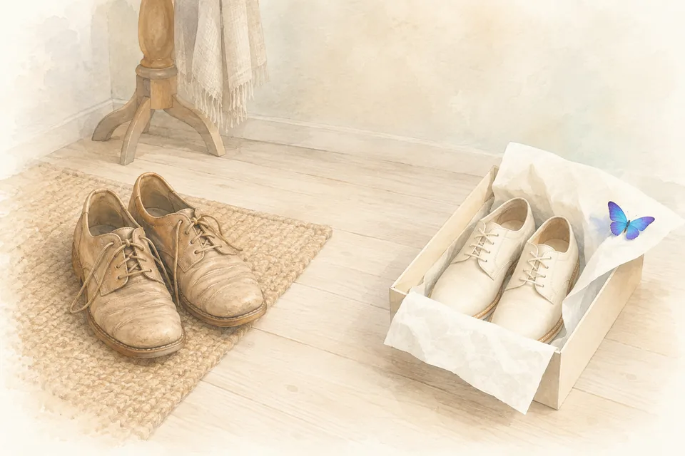 Une paire de chaussures de marche bien usées posées près d’une paire neuve encore dans son papier de soie