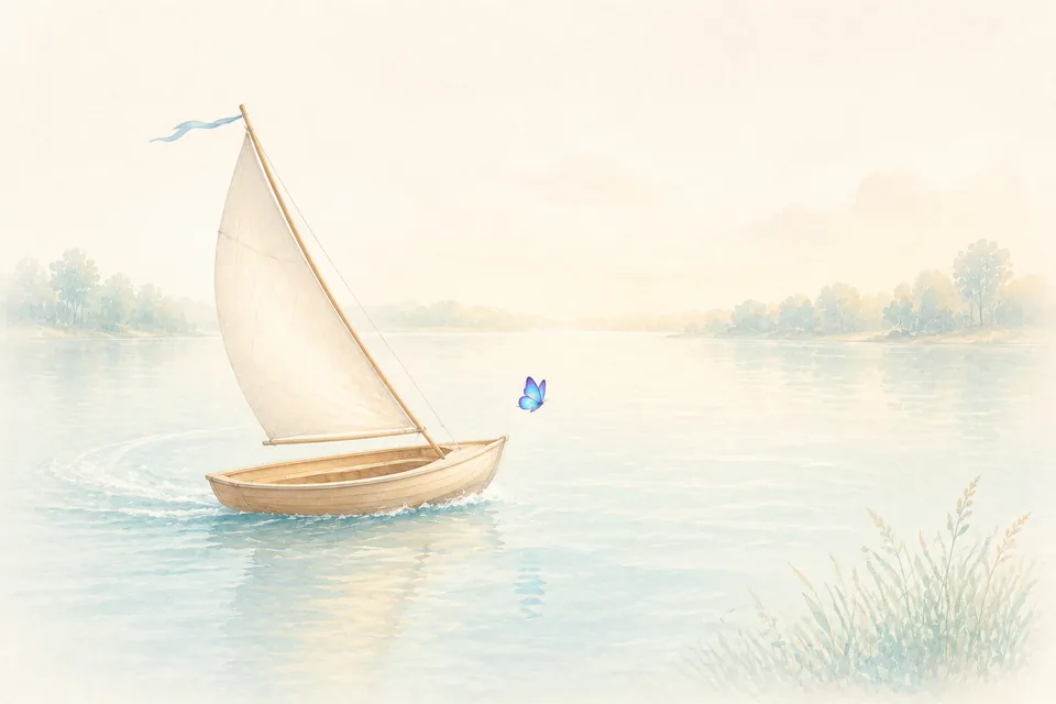 Un petit voilier de bois sur un lac calme, sa voile gonflée et orientée en biais par rapport au vent