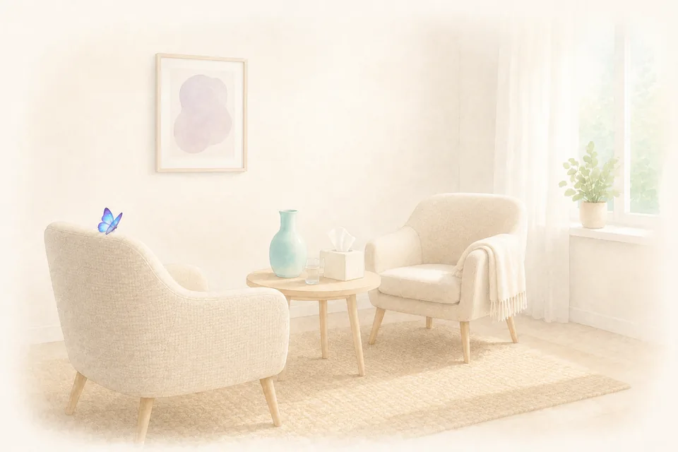 Deux fauteuils de tissu clair et une petite table basse dans un coin de cabinet lumineux