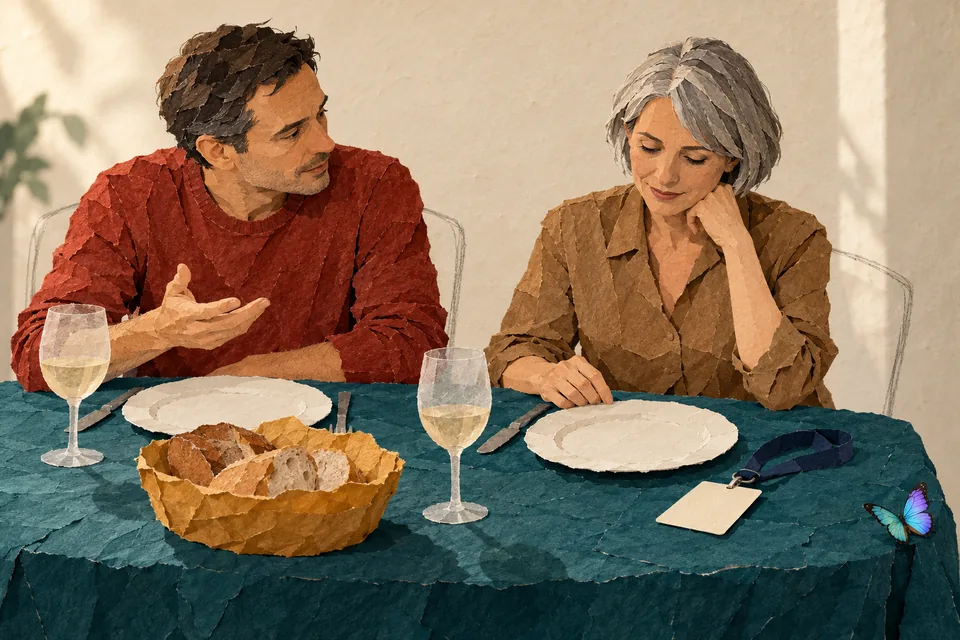 À une table de dîner, un homme se tourne vers une femme d'une cinquantaine d'années aux cheveux gris courts, qui baisse les yeux, un badge retourné posé près de son assiette.