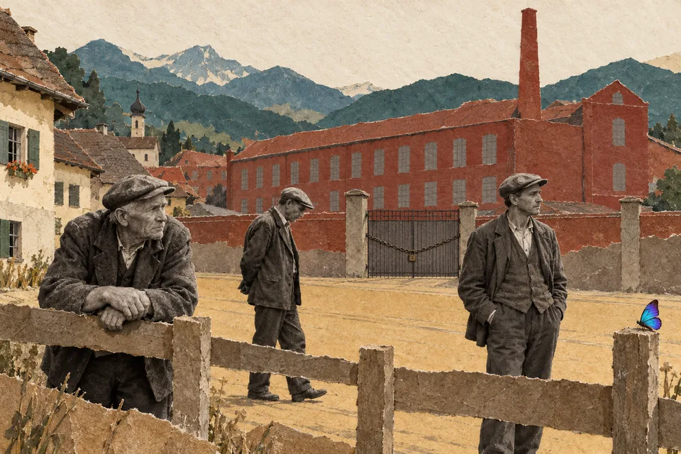 Dans un village des années 1930, devant une filature fermée dont la cheminée ne fume plus, 3 hommes désœuvrés traînent le long d'une barrière.