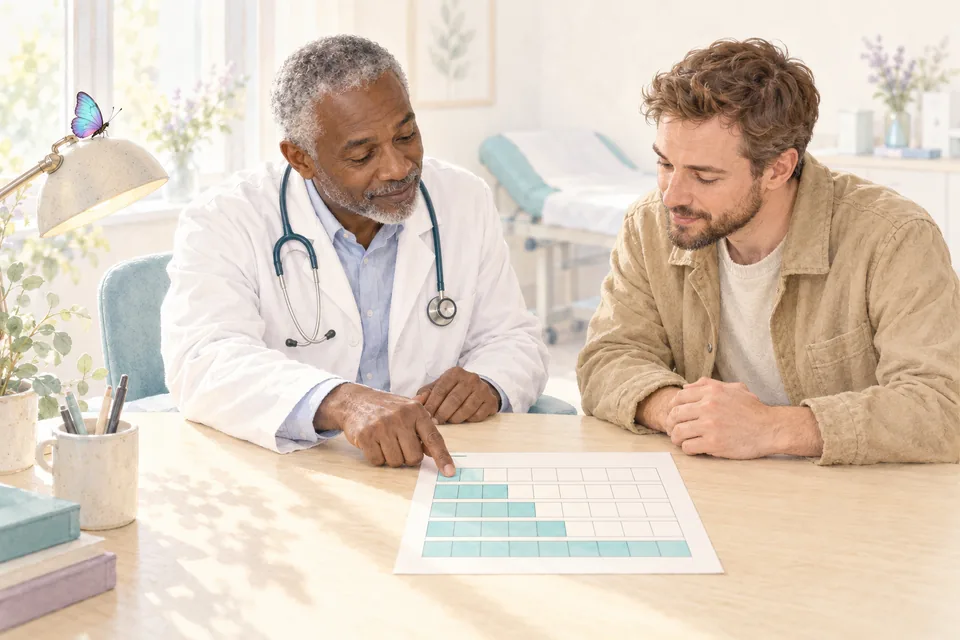 Chez le médecin du travail, en blouse blanche, un homme d'une trentaine d'années examine avec lui un calendrier où les demi-journées de travail augmentent de semaine en semaine.
