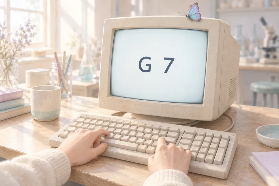 Gros plan sur un écran d'ordinateur des années 1990 qui affiche seulement G7, devant 2 mains posées sur 2 touches de réponse.