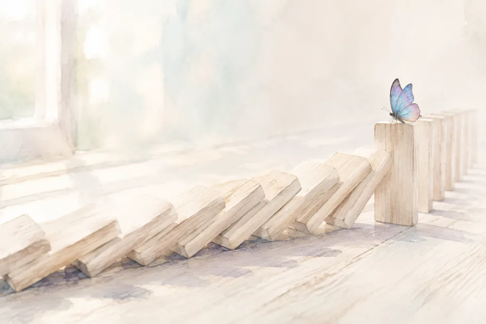 Une file de petits blocs de bois clair dont la première moitié est déjà couchée en vague, l'autre encore debout.