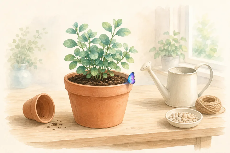 Une jeune plante rempotée dans un pot de terre plus grand, un arrosoir posé à côté