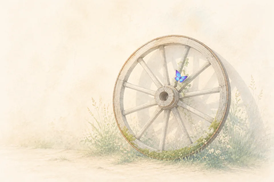Une vieille roue en bois contre un mur clair, sa jante couverte de mousse et de lierre