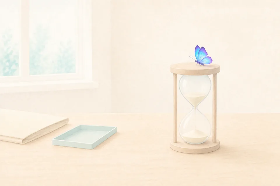 Un sablier en verre sur un bureau vide, son sable presque immobile dans la lumière du matin