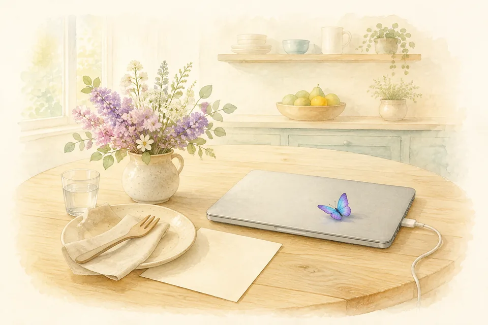 Un ordinateur portable fermé sur une table de cuisine, entre une assiette et un bouquet